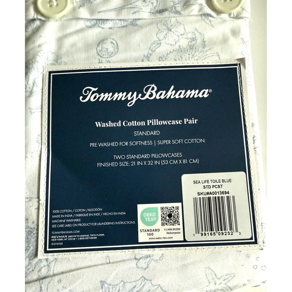 Tommy Bahama Sea Life Toile Blue Standard Pillowcases 100% Cotton Set of 2